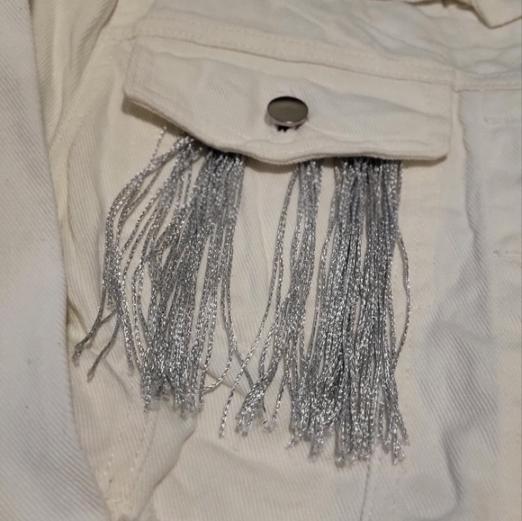 White and Silver Fringe Cropped Denim Jacket - Picture 5 of 11